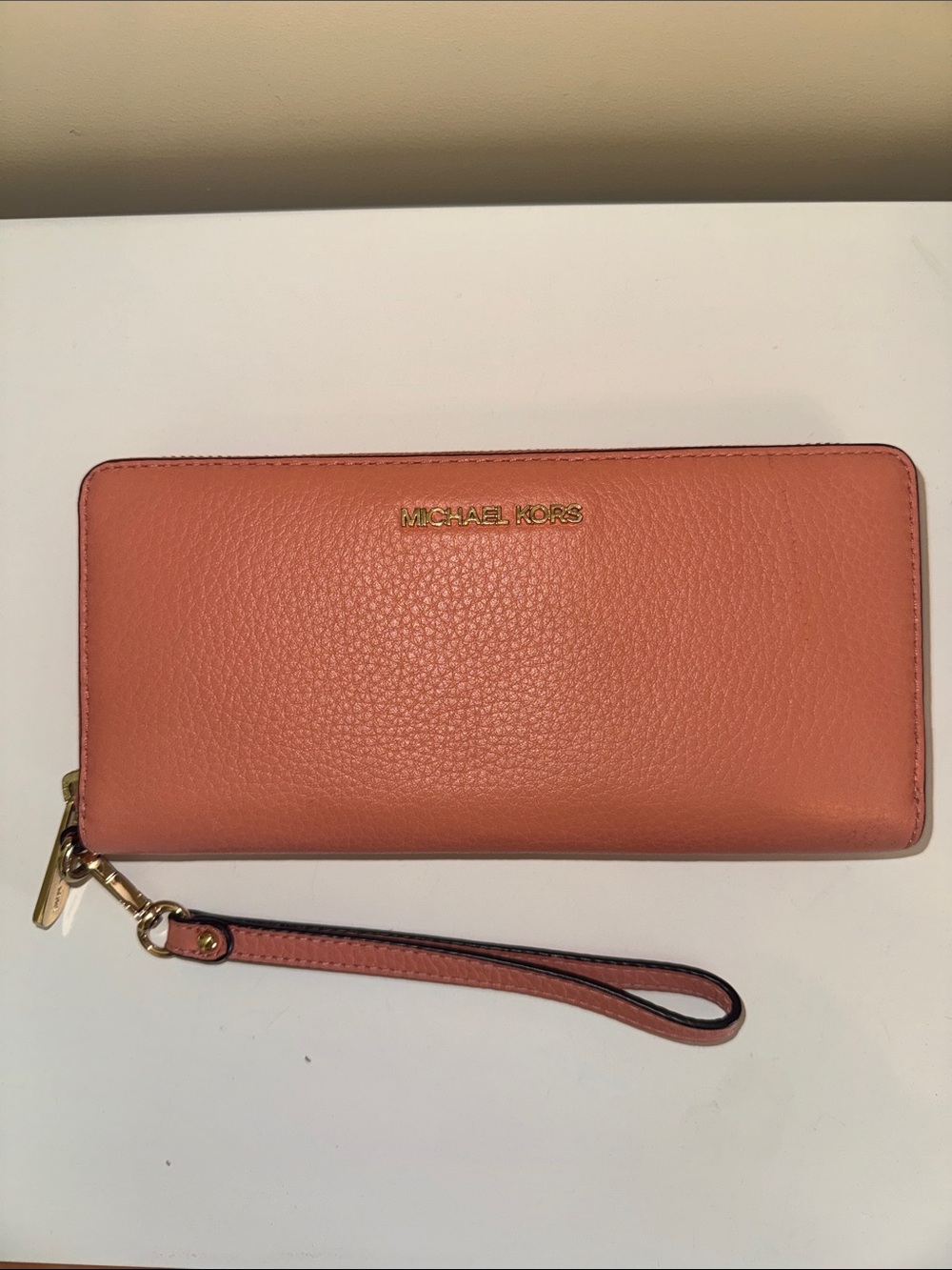 Michael Kors Coral Zip Wallet Wristlet with Gold Logo